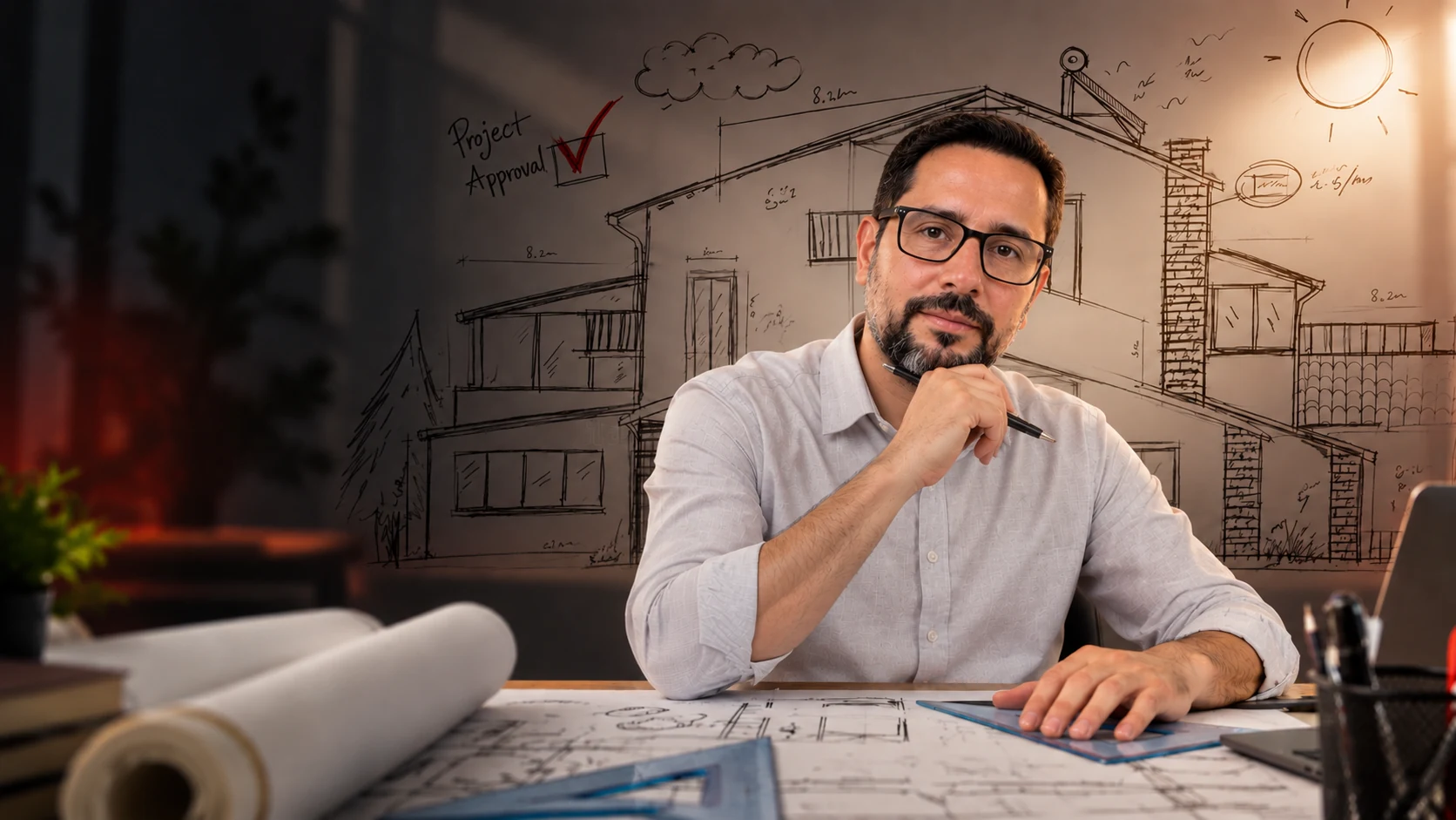 Arquiteto Vanderlei Santos em seu escritório com desenhos arquitetônicos