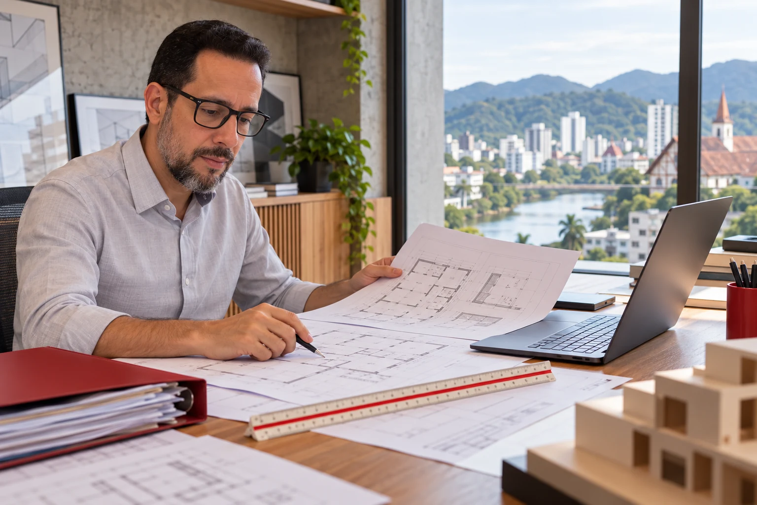 Arquiteto Vanderlei Santos analisando um projeto arquitetônico em seu escritório