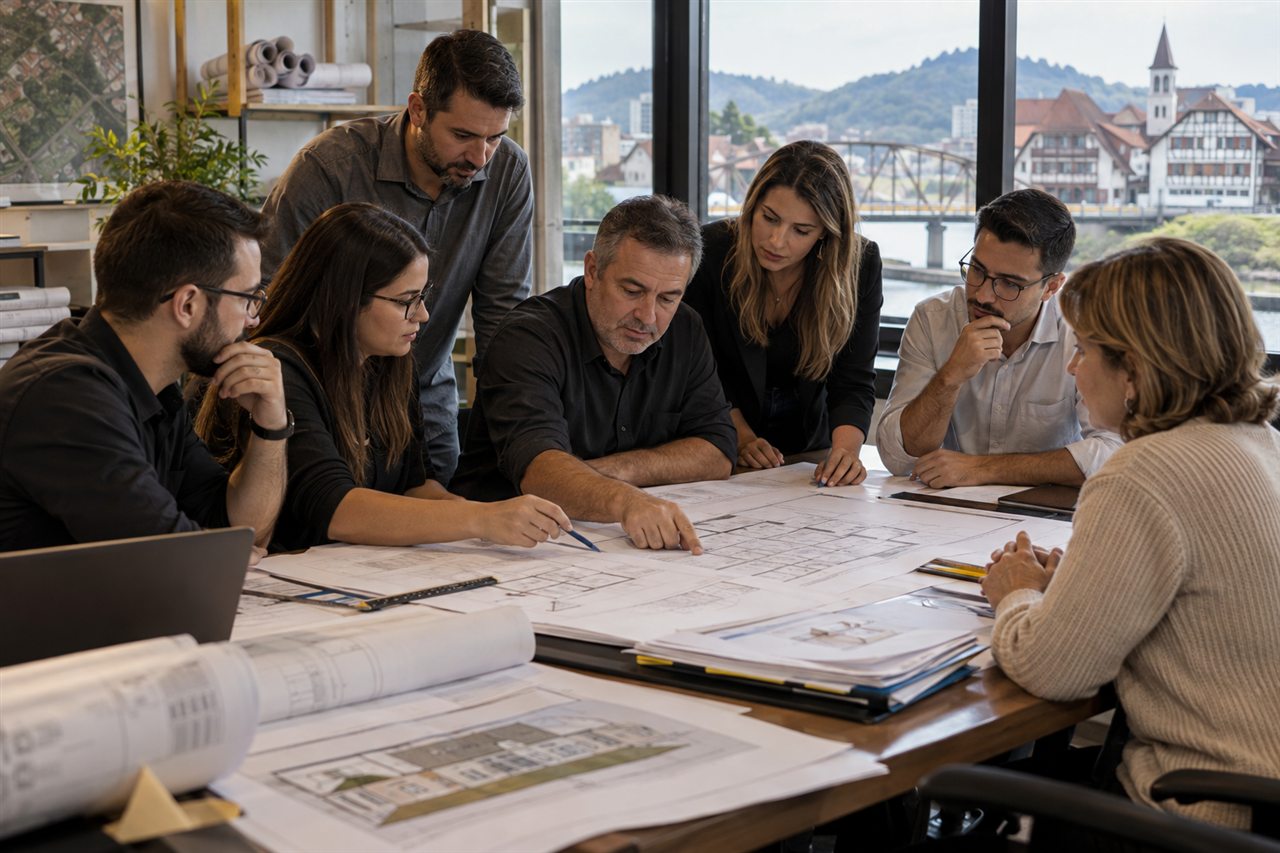 Equipe de arquitetura analisando a regularização de uma construção em Blumenau