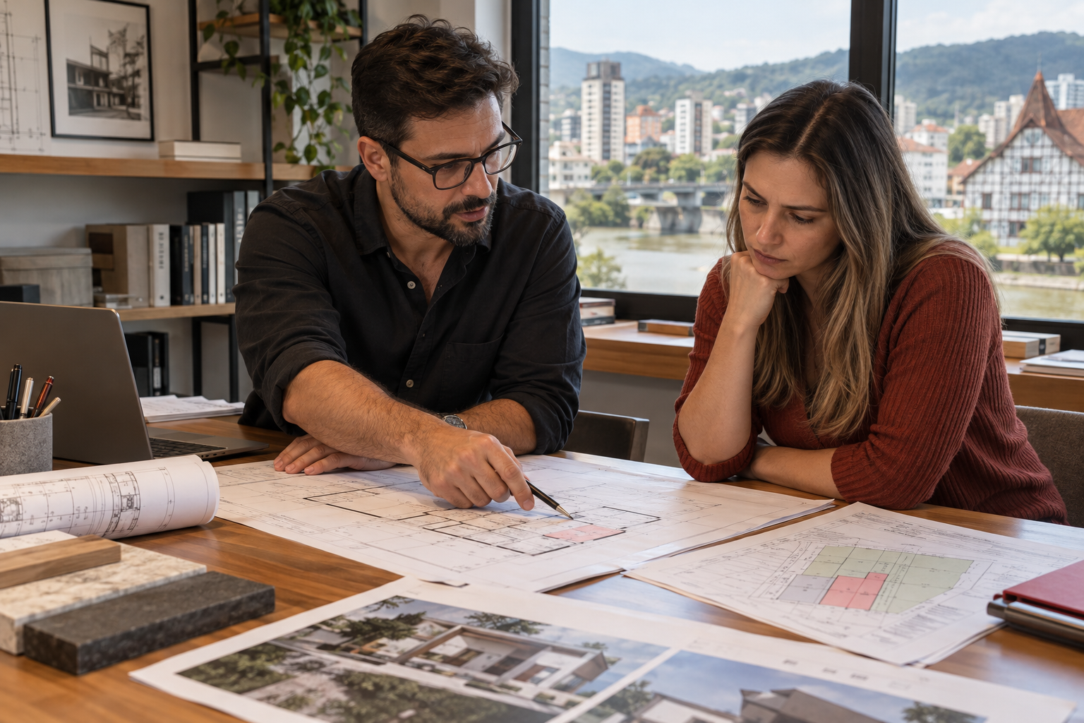 Arquiteto explicando uma divergência documental ao cliente