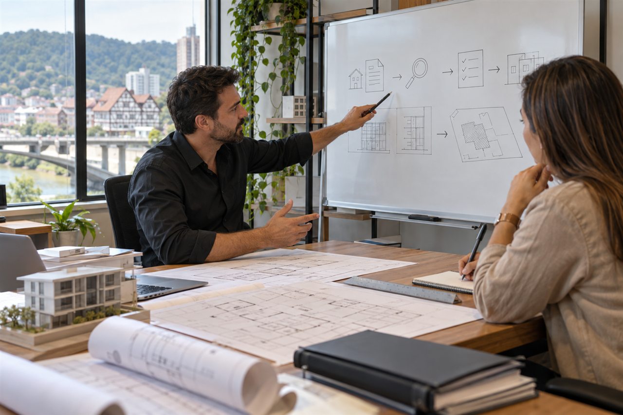 Arquiteto explicando com clareza as etapas do processo