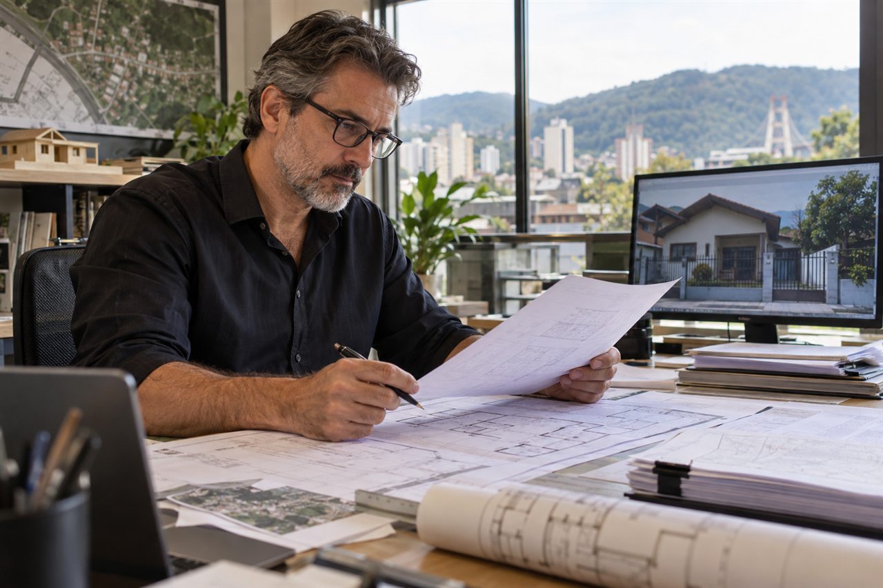 Arquiteto experiente analisando um processo de regularização