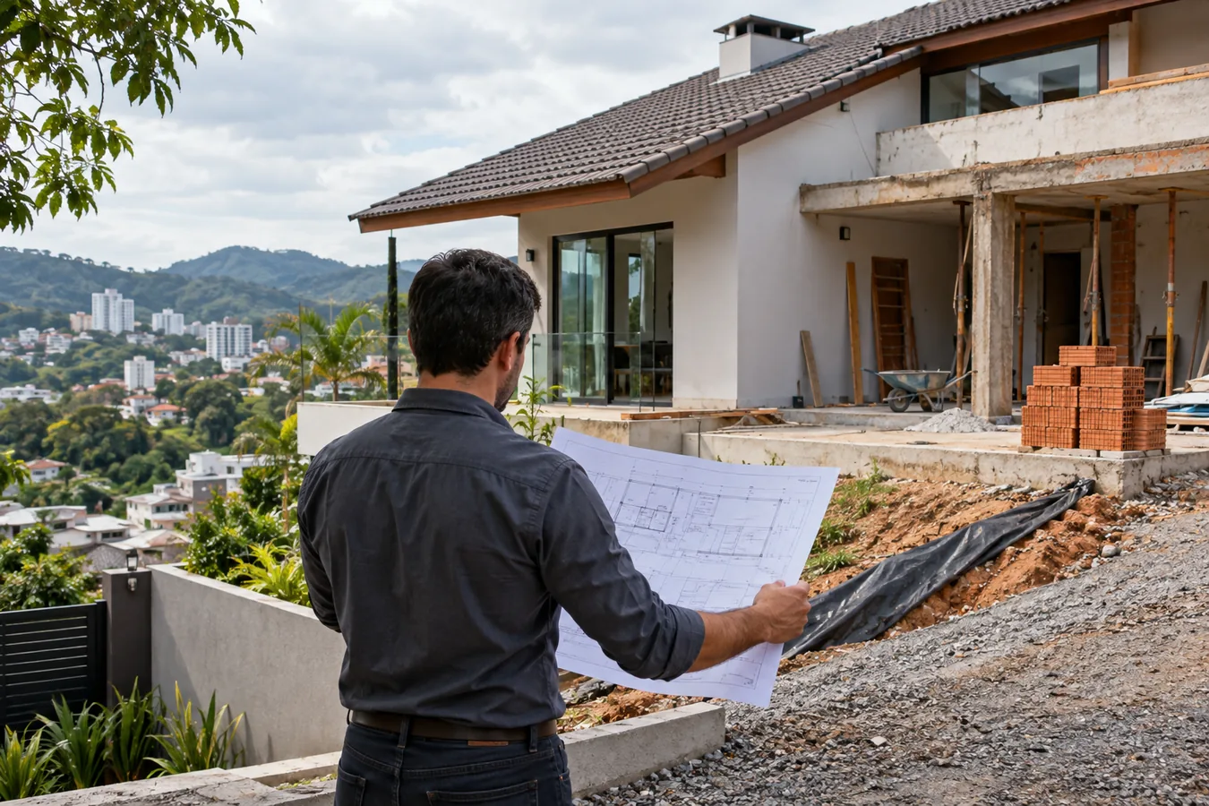 Profissional analisando plantas para regularização de uma residência em Santa Catarina
